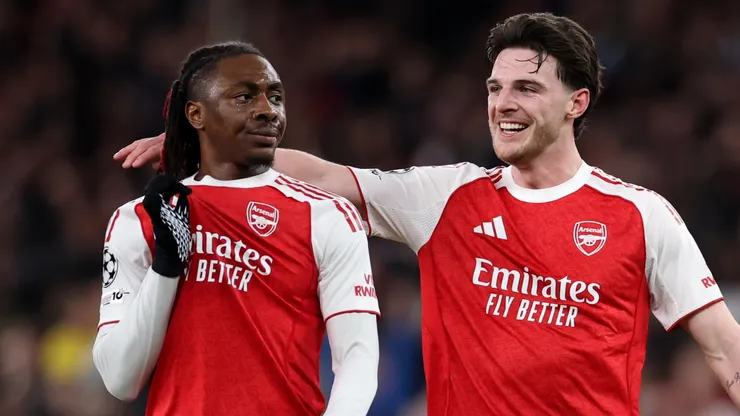 Eberechi Eze of Arsenal and his teammate Declan Rice.