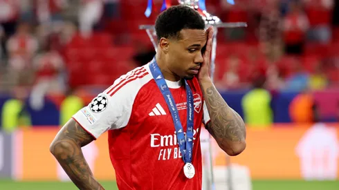 Gabriel of Arsenal reacts after Champions League final loss.