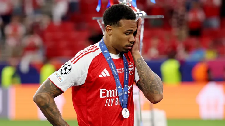 Gabriel of Arsenal reacts after Champions League final loss.