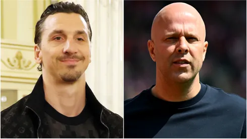 Zlatan Ibrahimovic, AC Milan executive, and Arne Slot, former Liverpool manager.
