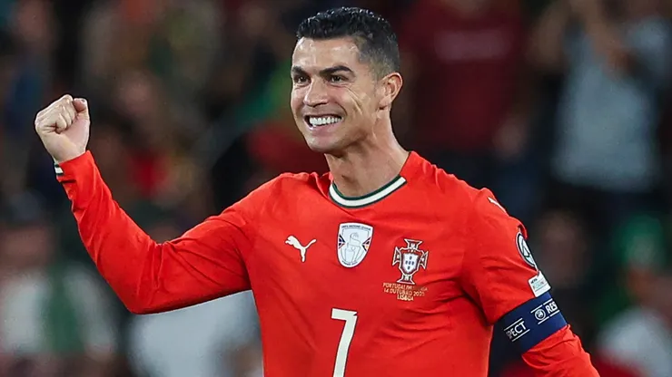 Cristiano Ronaldo of Portugal celebrates after scoring a goal.