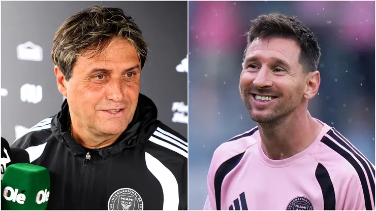 Head Coach Guillermo Hoyos (L) and Lionel Messi (R) of Inter Miami.