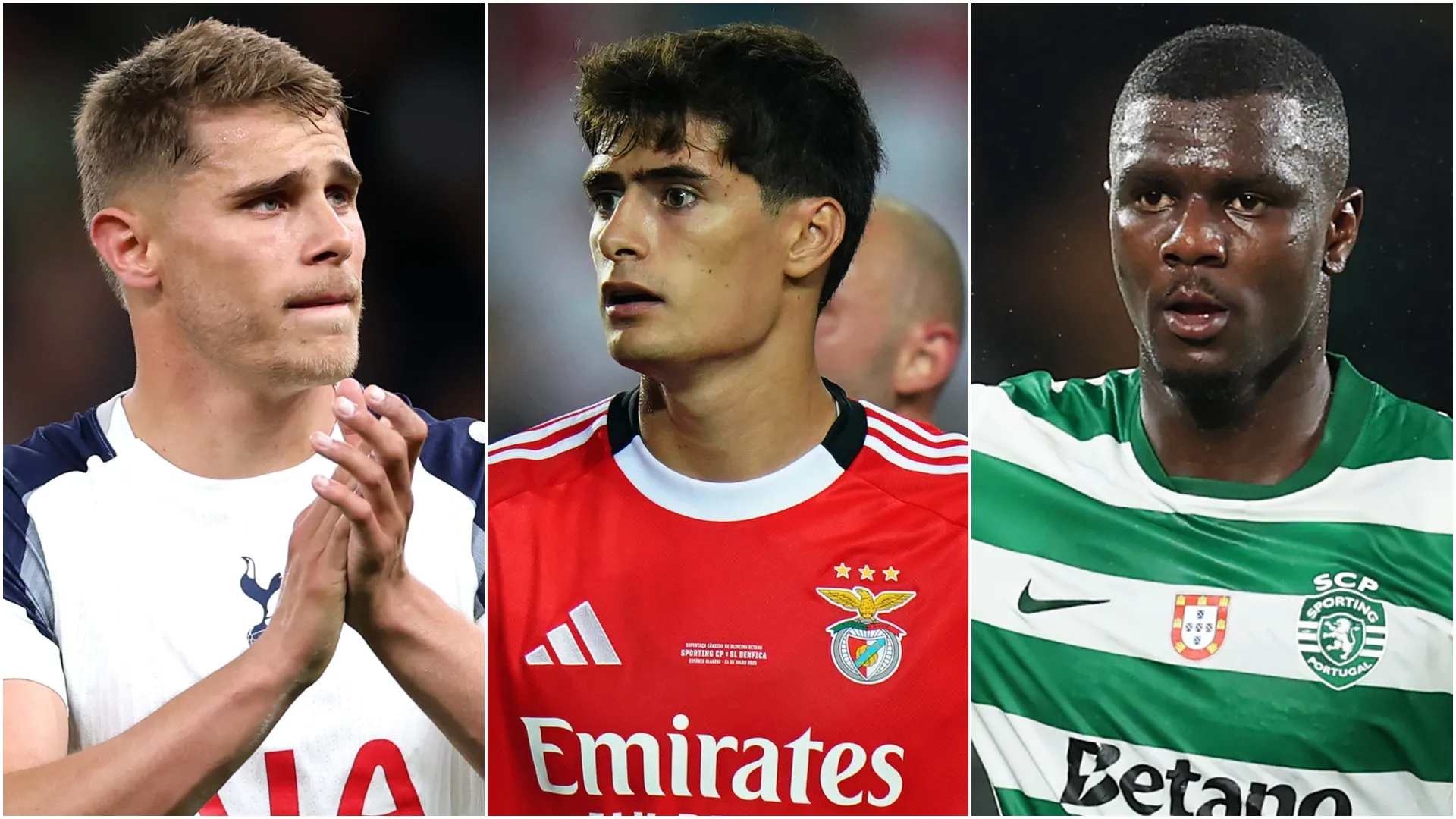 Micky van de Ven of Tottenham Hotspur, Antonio Silva of SL Benfica and Ousmane Diomande of Sporting CP.