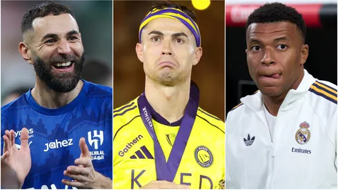 Karim Benzema (left), Cristiano Ronaldo (center), and Kylian Mbappe (right)