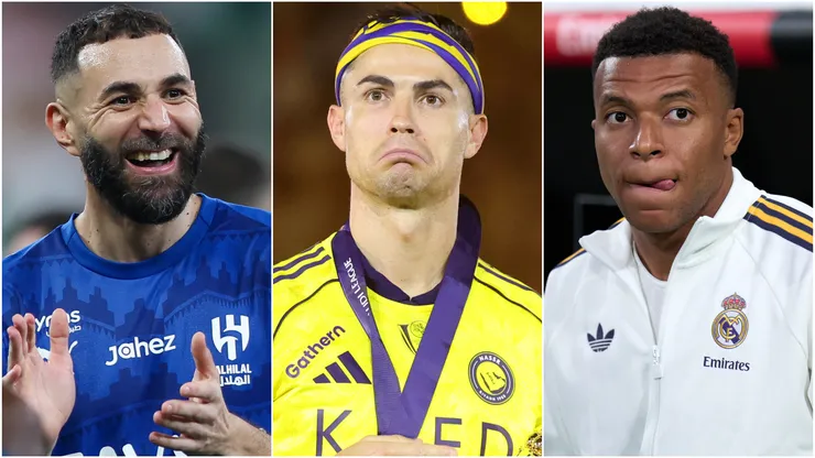 Karim Benzema (left), Cristiano Ronaldo (center), and Kylian Mbappe (right)