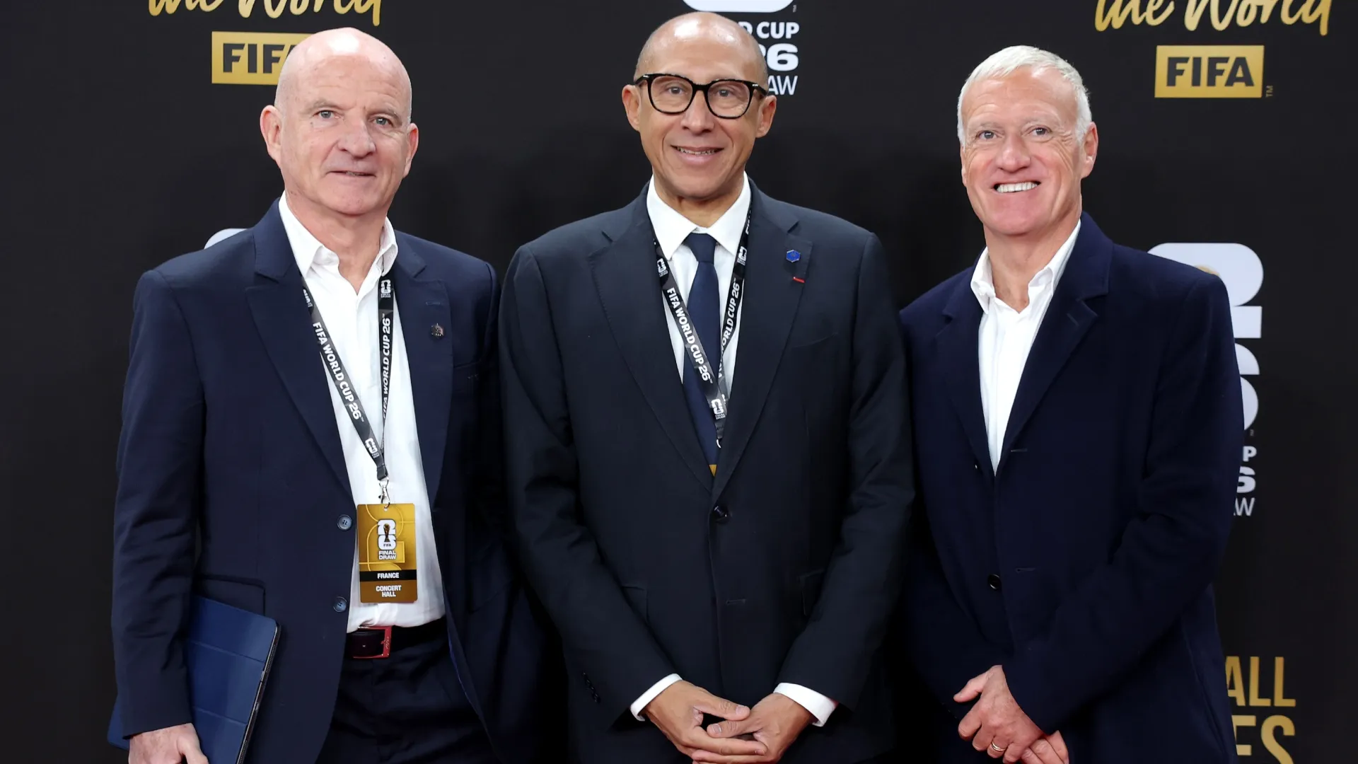 Philippe Diallo, President of the French Football Federation, with head coach Didier Deschamps (R) and assistant coach Guy Stephan (L).
