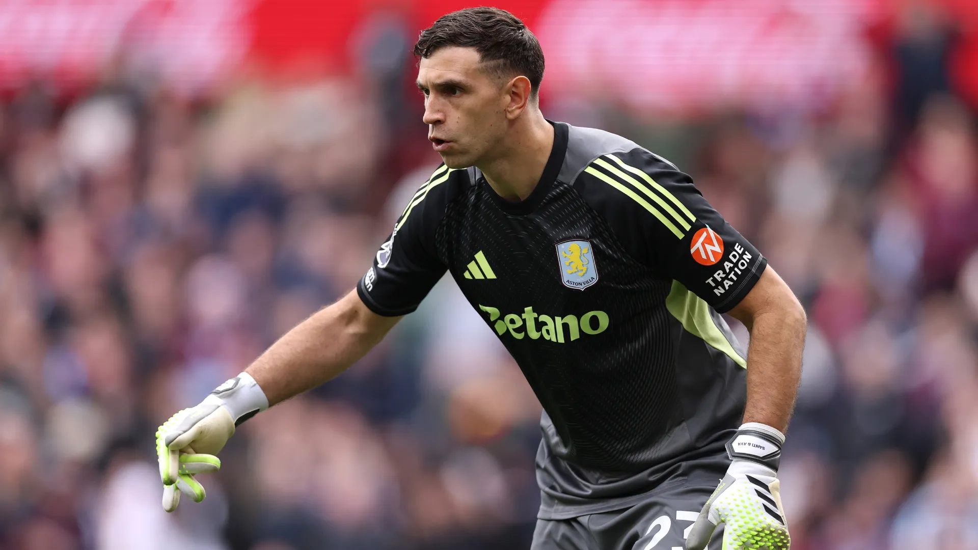 Emiliano Martinez of Aston Villa during a Premier League game. (Getty Images)