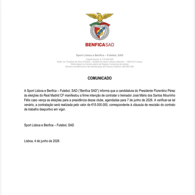 Benfica's statement released over Jose Mourinho's move to Real Madrid.