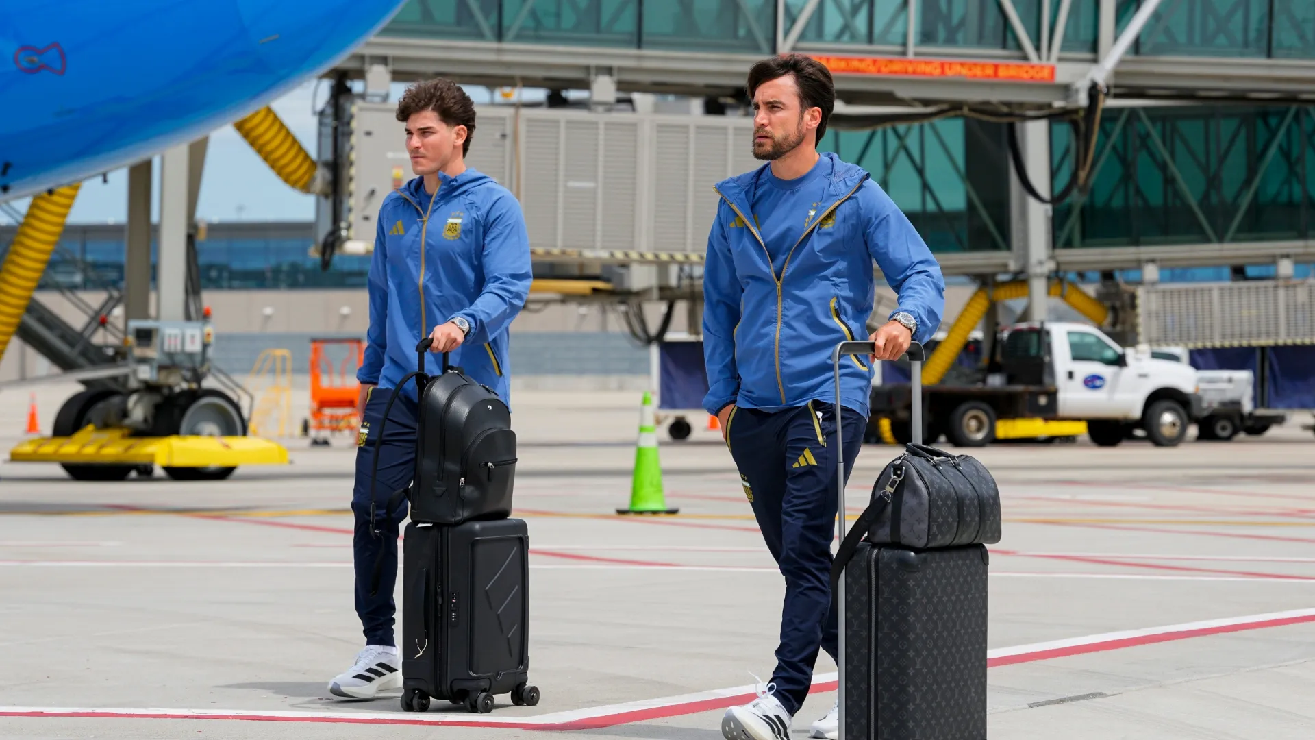 Julian Alvarez (left) and Nicolas Tagliafico (right) of Argentina arrives for the FIFA World Cup 2026.