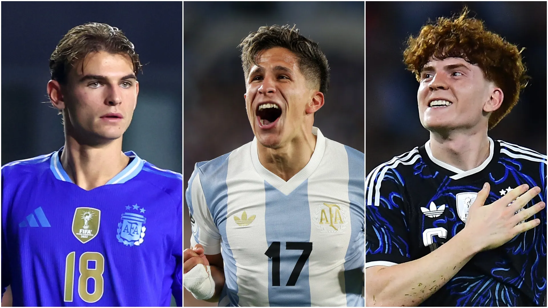 Nico Paz (L), Giuliano Simeone (M), and Valentin Barco (R) of Argentina.