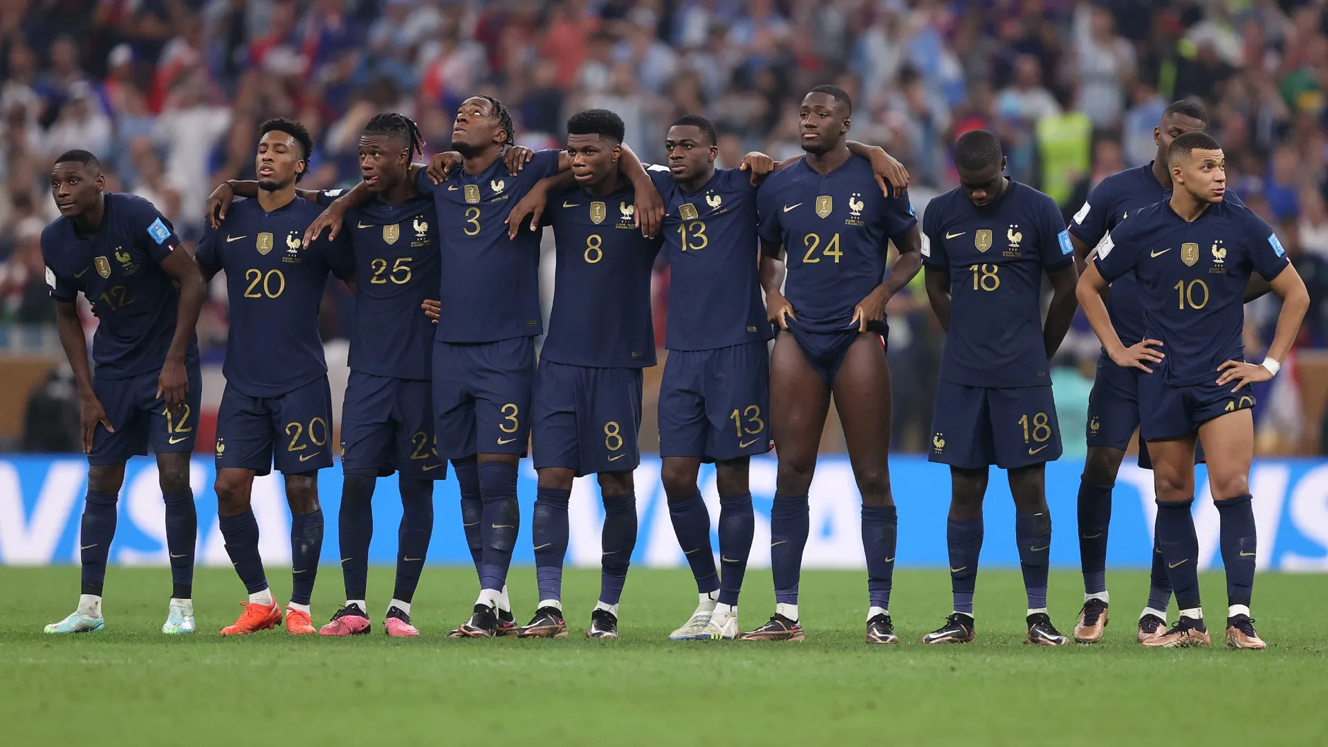 France players react in the penalty shoot out of the FIFA World Cup 2022 Final against Argentina.