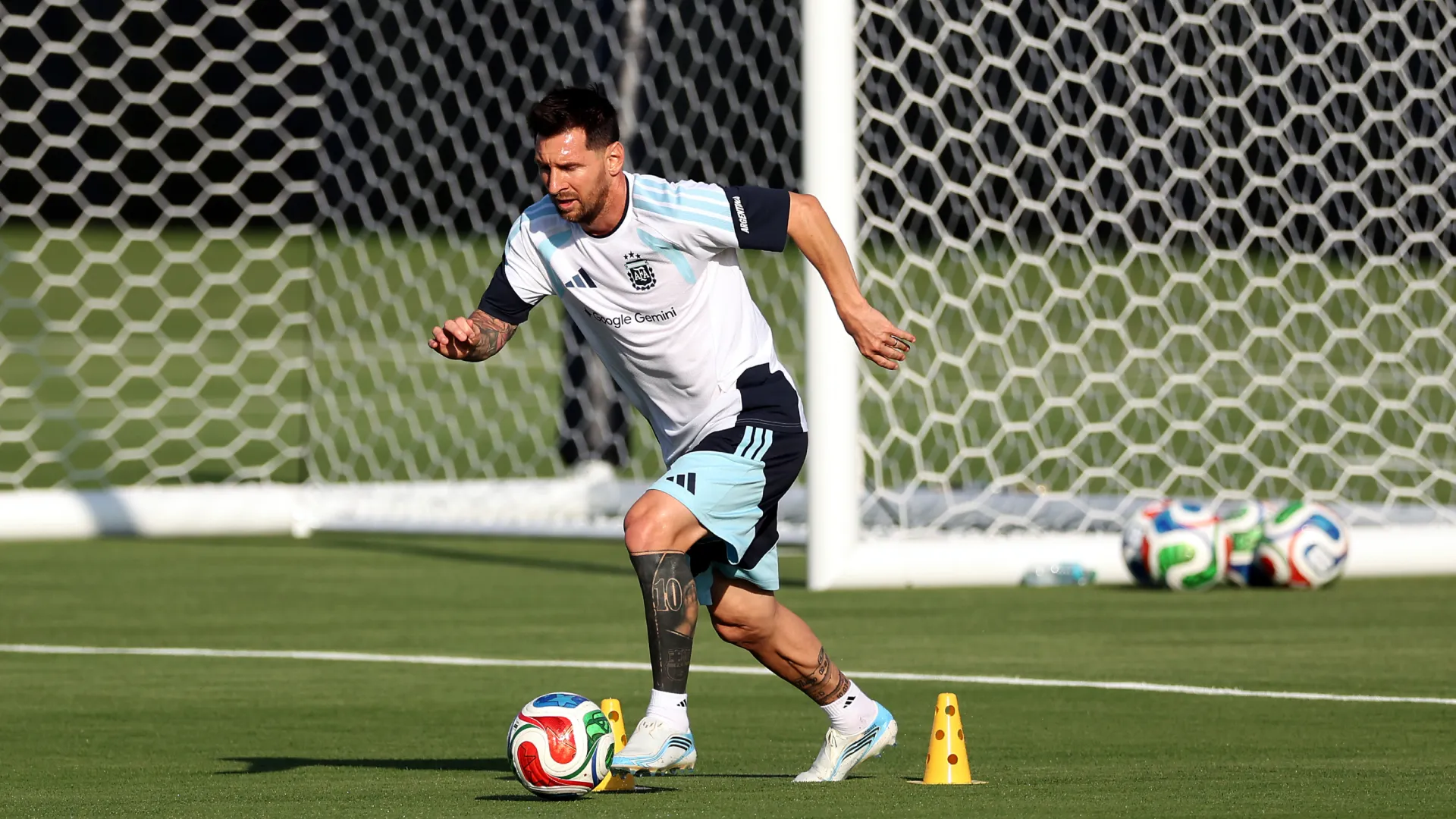 Lionel Messi #10 participates during a team Argentina training session. (Getty Images)