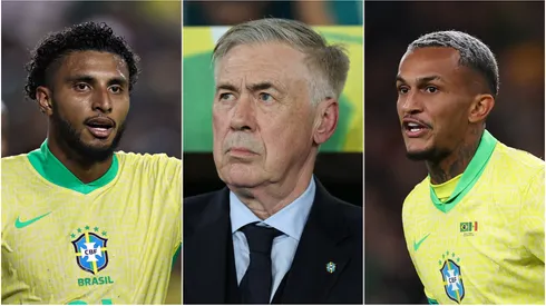 Ederson Da Silva (L), Carlo Ancelotti (M), and Wesley (R) of Brazil.