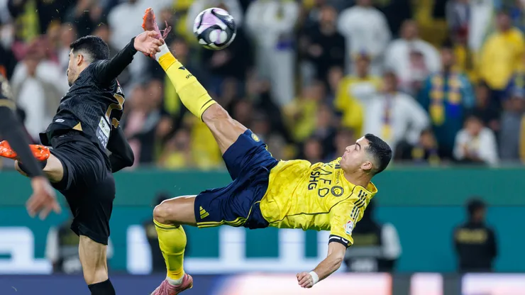 Cristiano Ronaldo of team Al-Nassr FC scores against Al Khaleej