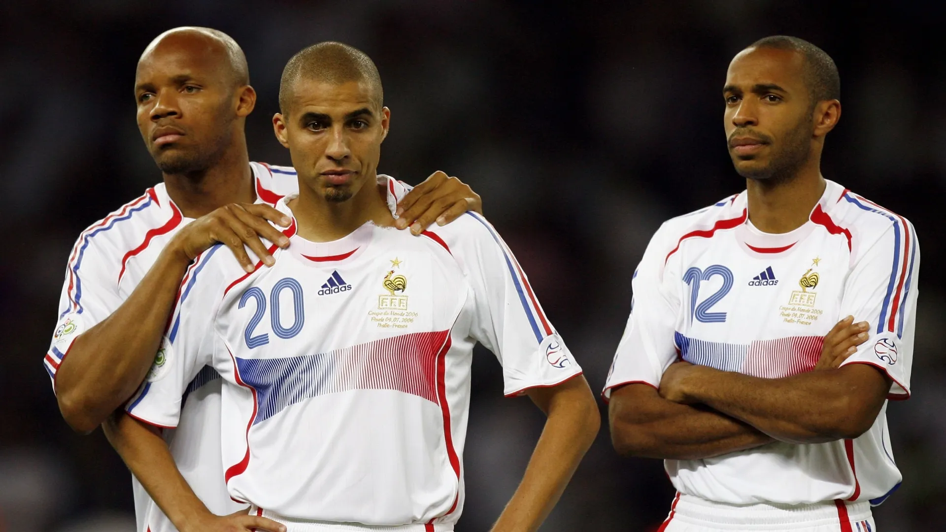 Jean-Alain Boumsong, David Trezeguet and Thierry Henry of France look on after losing the FIFA World Cup Final in 2006.