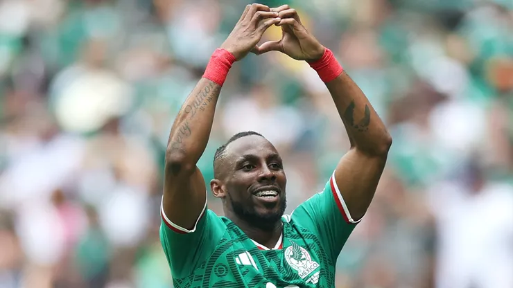 Julian Quinones #16 of Mexico celebrates scoring the first goal against South Africa.