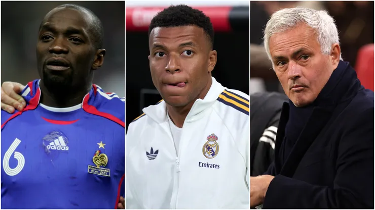 Claude Makelele (left), Kylian Mbappe (center), and Jose Mourinho (right)