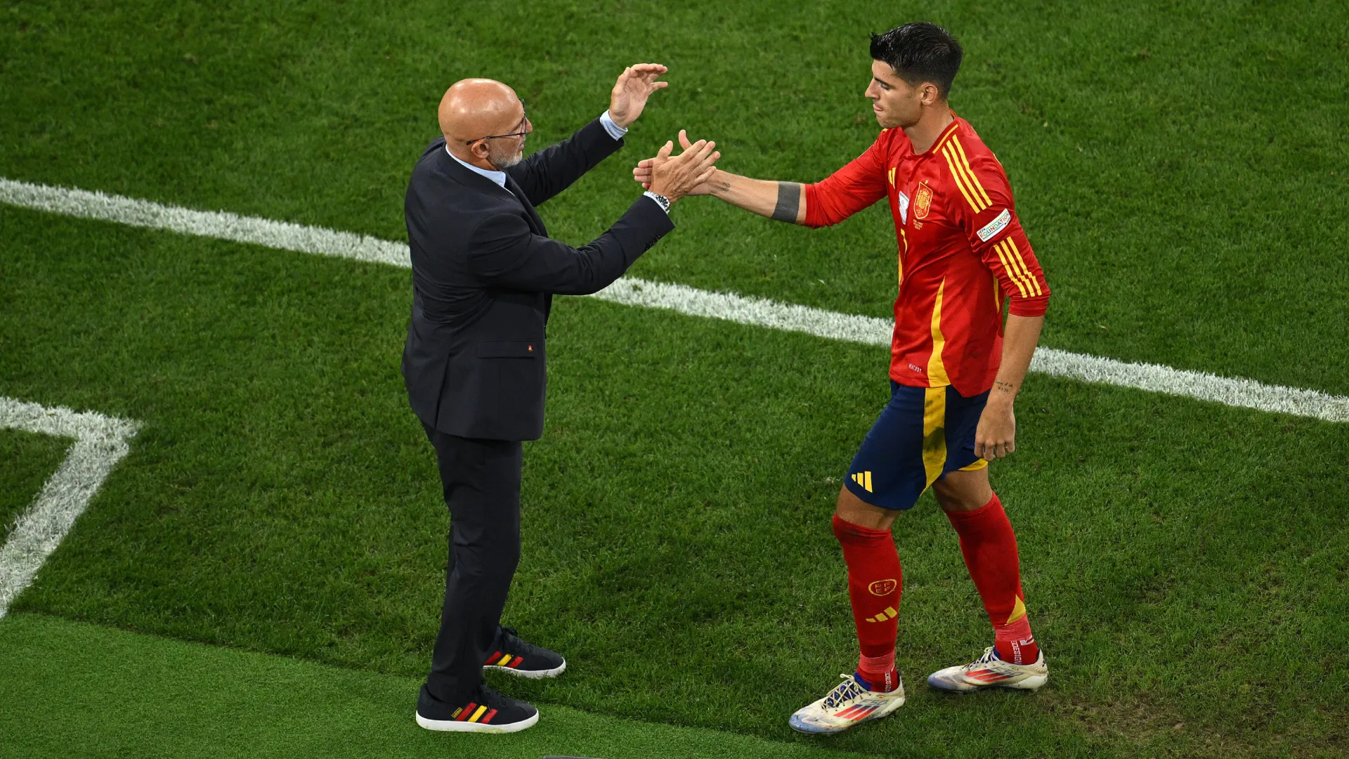 Alvaro Morata of Spain interacts with Luis de la Fuente, Head Coach of Spain. (Getty Images)
