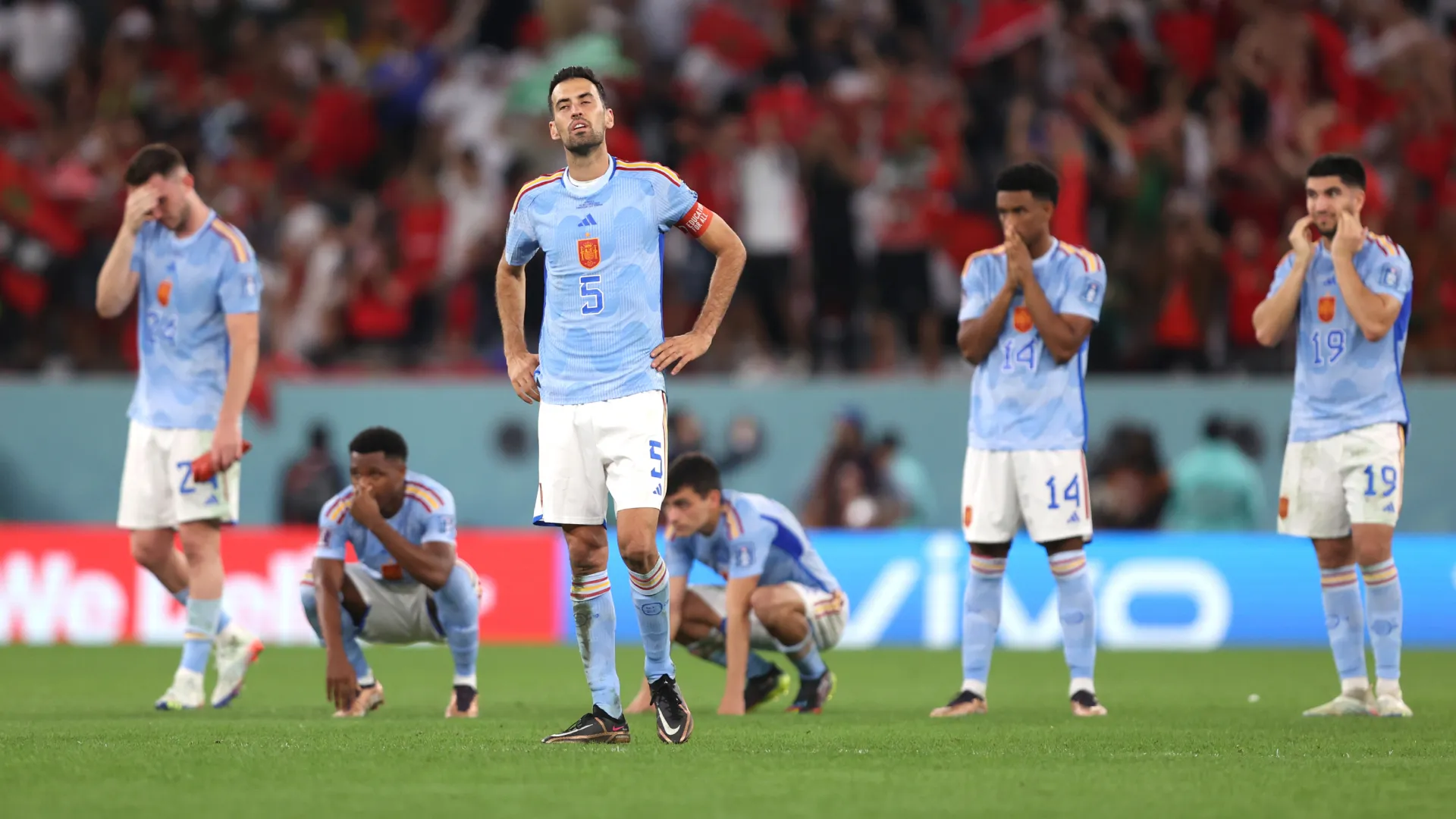Sergio Busquets reacts after Spain’s penalty shootout loss during the 2022 World Cup. (Getty Images)