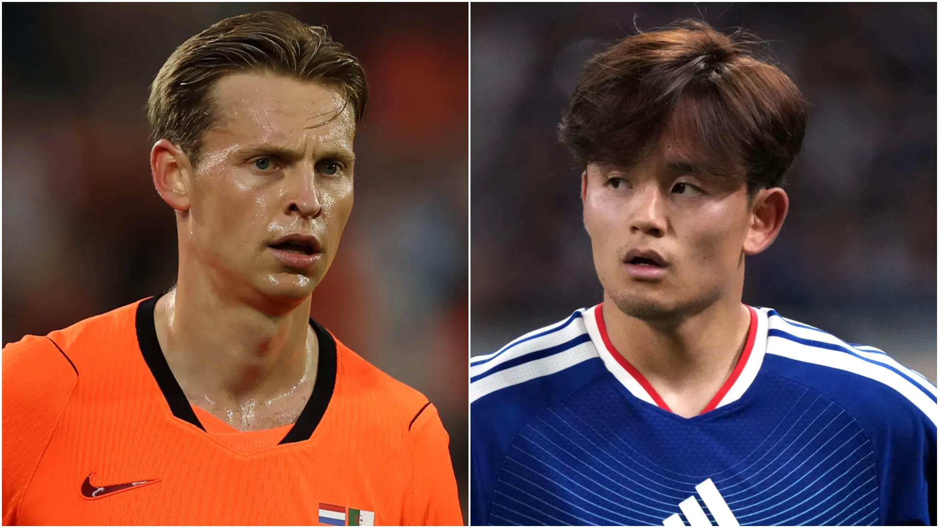 Frenkie de Jong of Netherlands and Takefusa Kubo of Japan.