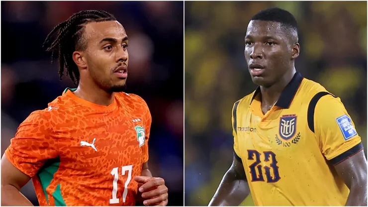 Ivory Coast's Guela Doue (L) and Ecuardor's Moises Caicedo (R).