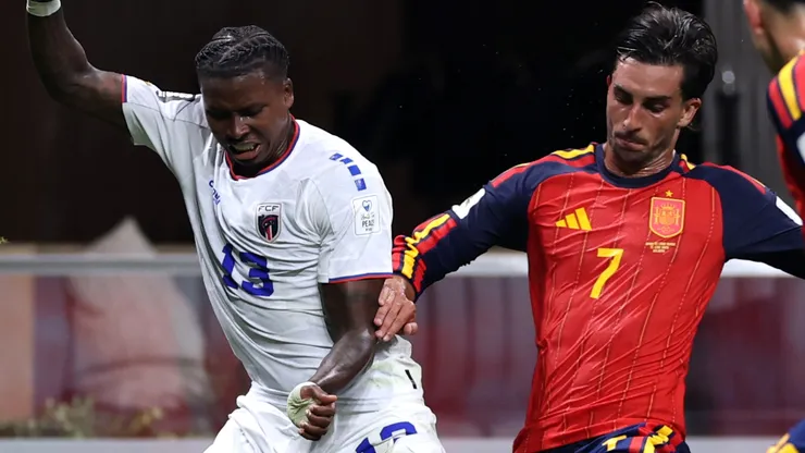 Sidny Lopes Cabral #13 of Cabo Verde is challenged by Ferran Torres #7 of Spain.