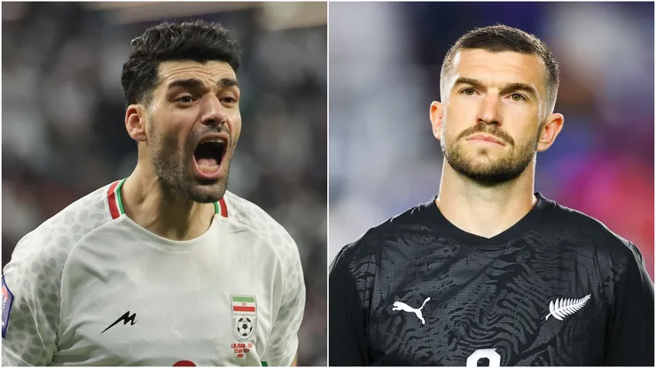 Mehdi Taremi (L) of Iran and Tim Payne (R) of New Zealand.