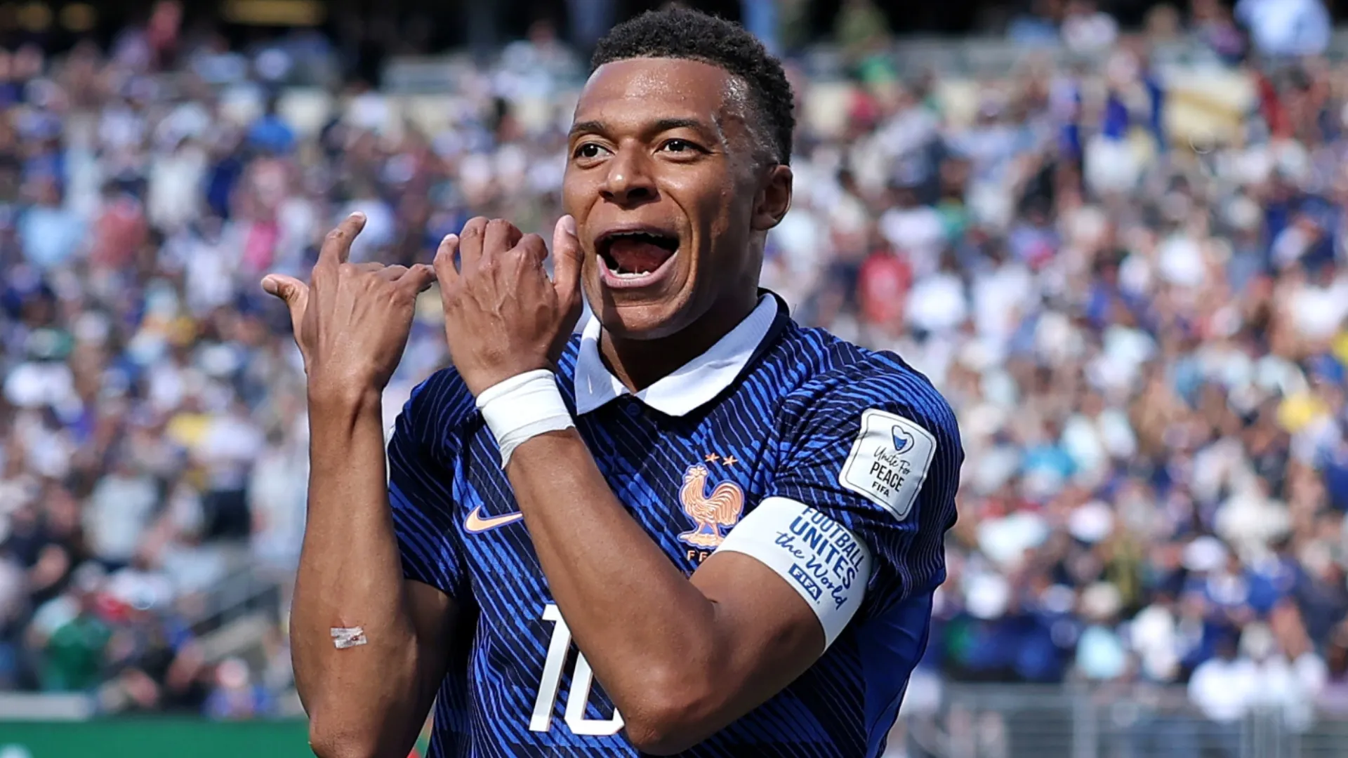Kylian Mbappe #10 of France celebrates scoring his team's first goal during the FIFA World Cup 2026.
