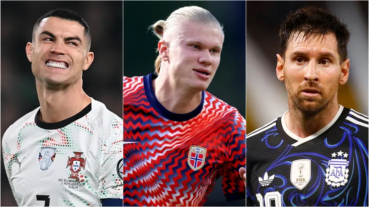 Cristiano Ronaldo of Portugal, Erling Haaland of Norway, and Lionel Messi of Argentina.