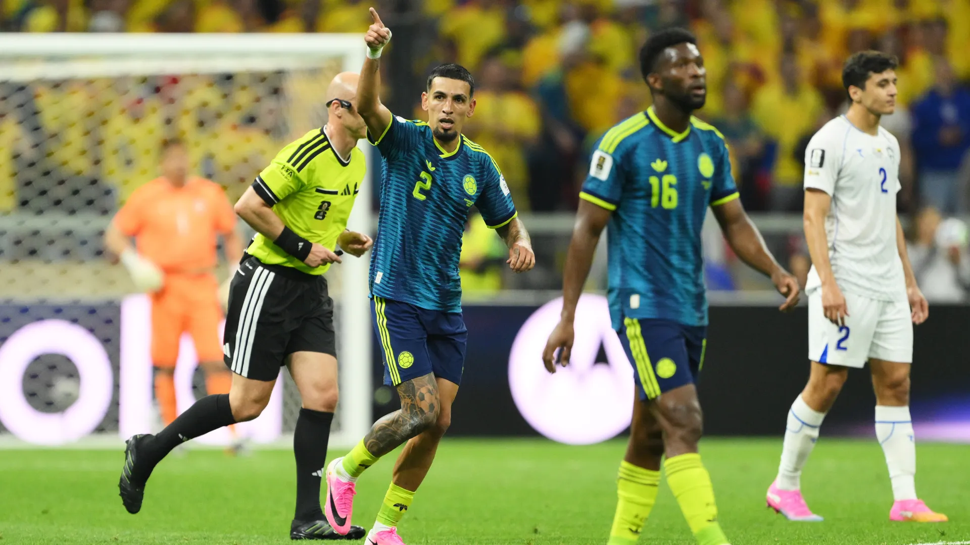Daniel Munoz #2 of Colombia celebrates a goal.