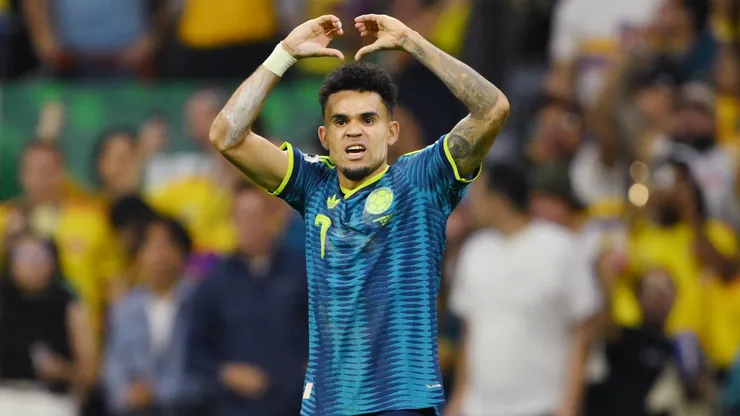 Luis Diaz celebrates a goal for Colombia.
