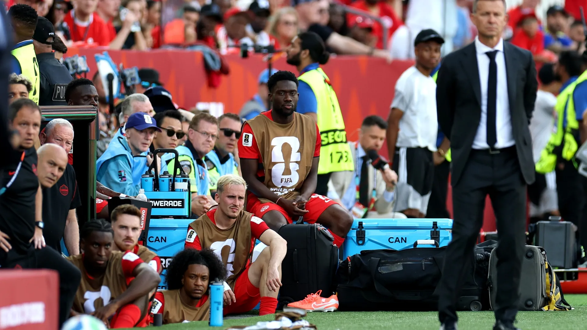 Alphonso Davies #19 of Canada looks on the game against Bosnia and Herzegovina.