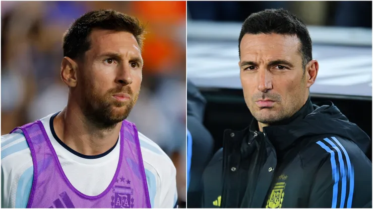 Lionel Messi (L) and Lionel Scaloni (R), head coach of Argentina.