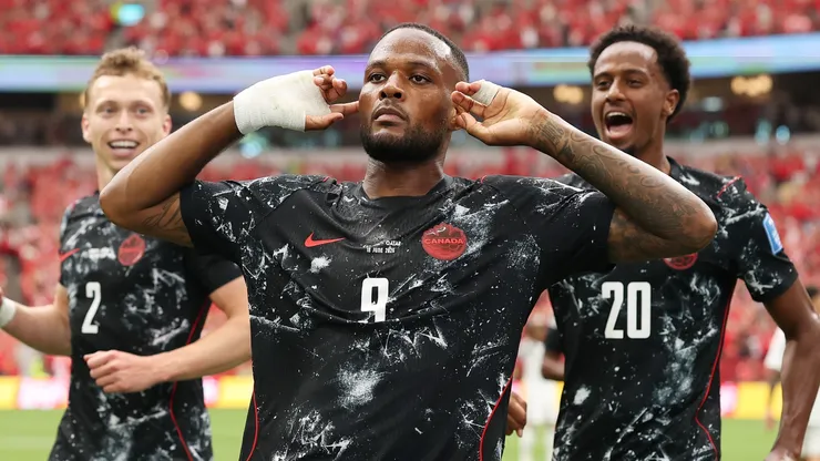 Cyle Larin #9 of Canada celebrating.