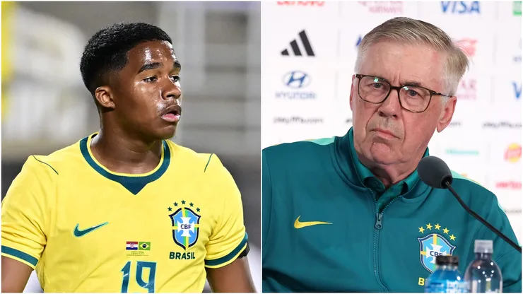 Endrick (L) and Carlo Ancelotti (R), head coach of Brazil.
