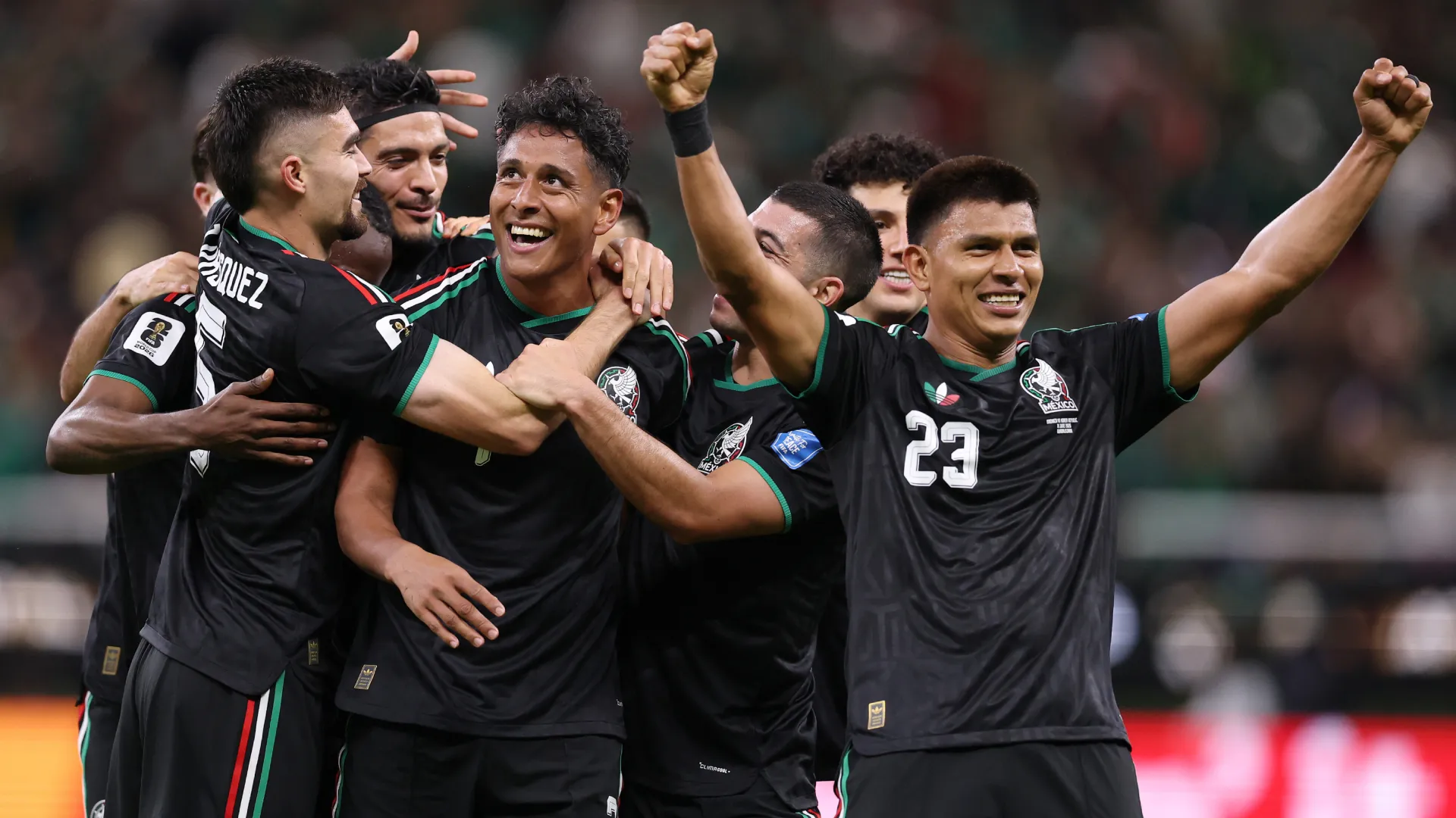Luis Romo #7 of Mexico celebrates with teammates after scoring vs South Korea. (Getty Images)