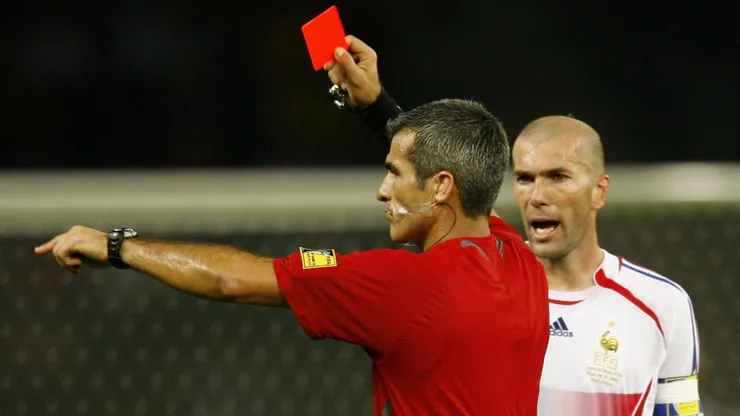 Zinedine Zidane of France is shown the red card by Referee Horacio Elizondo
