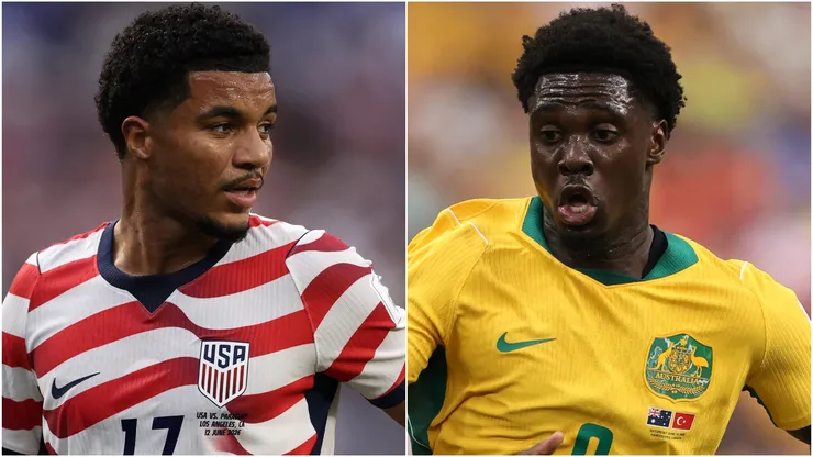 Malik Tillman #17 of the USMNT and Jacob Italiano #4 of Australia.