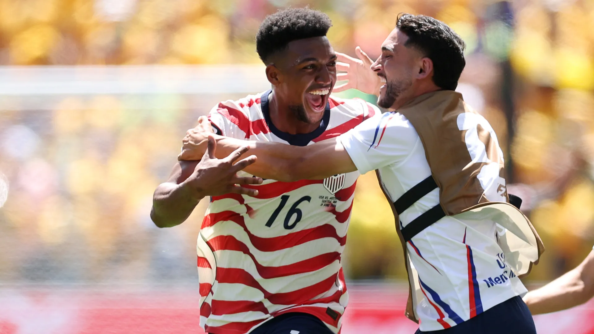Alex Freeman celebrates a goal for the USMNT.