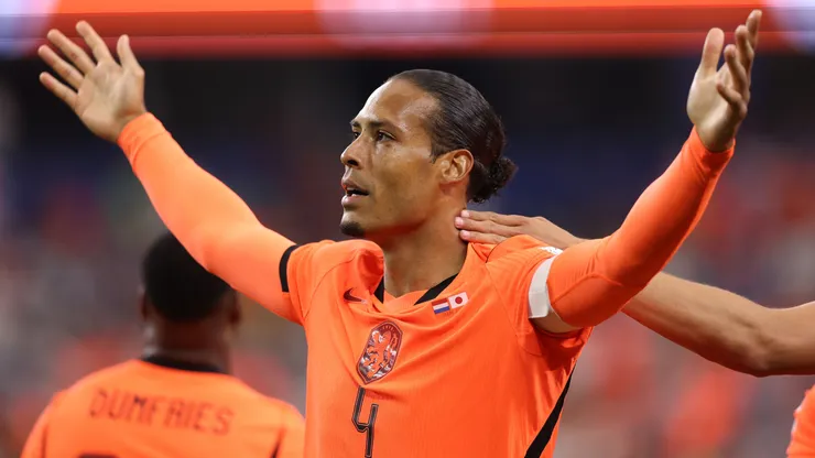 Virgil van Dijk #4 of Netherlands celebrates scoring