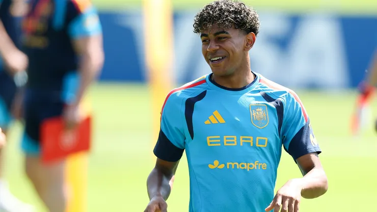 Lamine Yamal of Spain reacts during a training session.