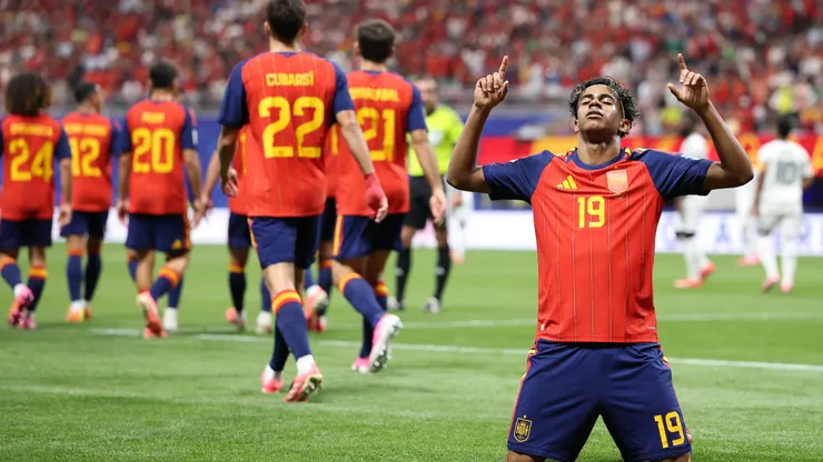 Lamine Yamal of Spain celebrates after scoring his first World Cup goal.
