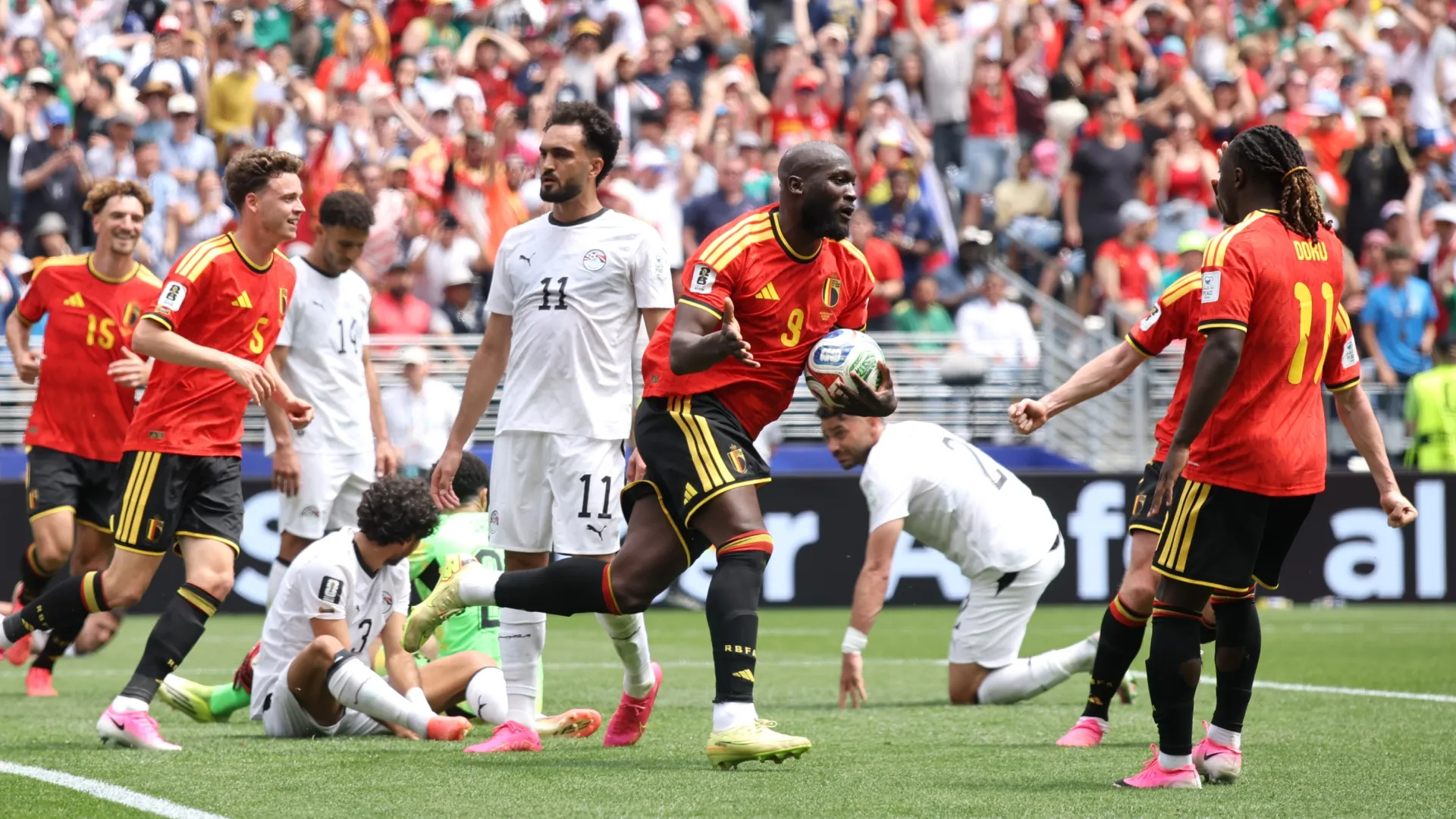 Romelu Lukaku #9 of Belgium celebrating.