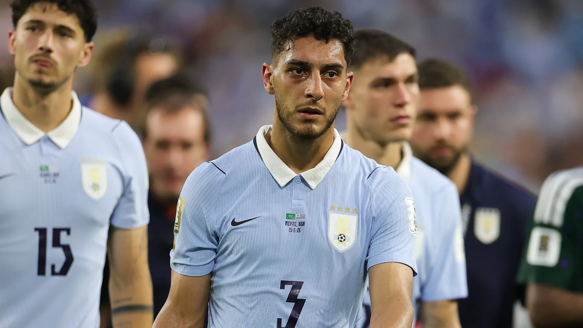 Sebastian Caceres #3 of Uruguay reacts after the 1-1 draw against Saudi Arabia.