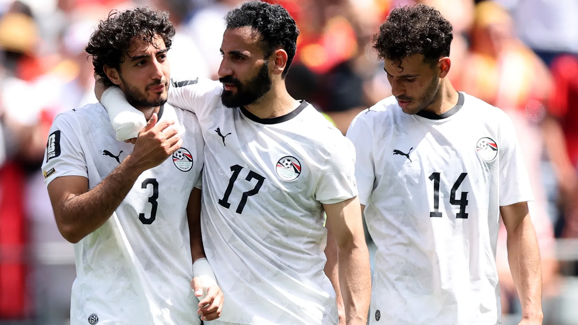 Mohamed Hany #3, Mohanad Lashin #17 and Hamdy Fathy #14 of Egypt react.