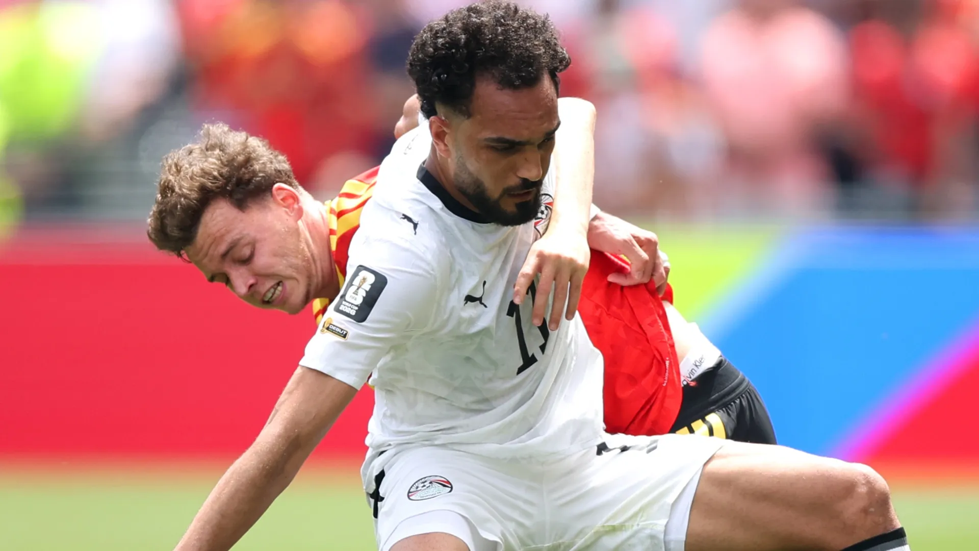 Mostafa Zico #11 of Egypt is challenged by Maxim De Cuyper #5 of Belgium.