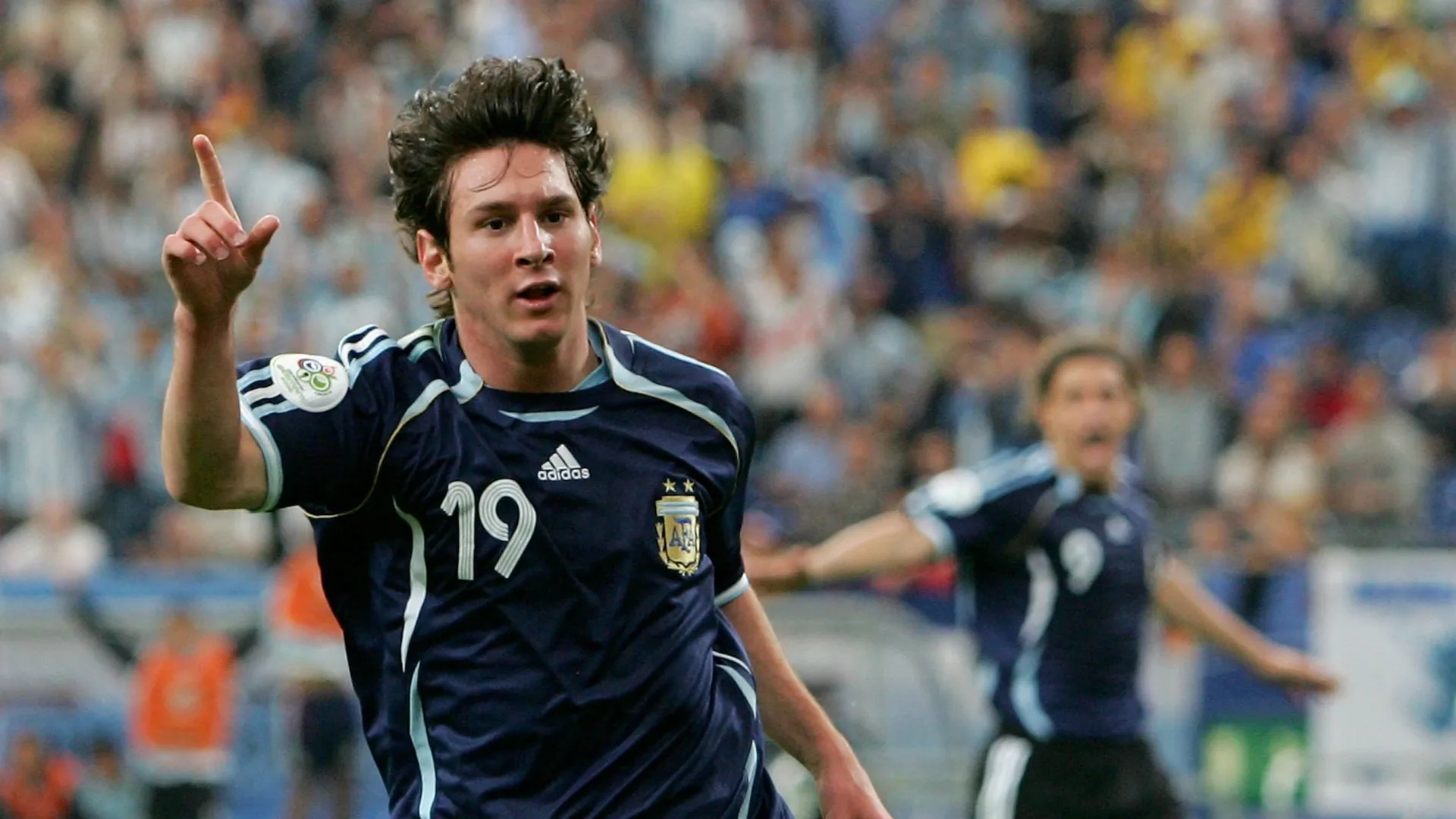 Lionel Messi of Argentina celebrates scoring the sixth goal during the FIFA World Cup Germany 2006 against Serbia & Montenegro.