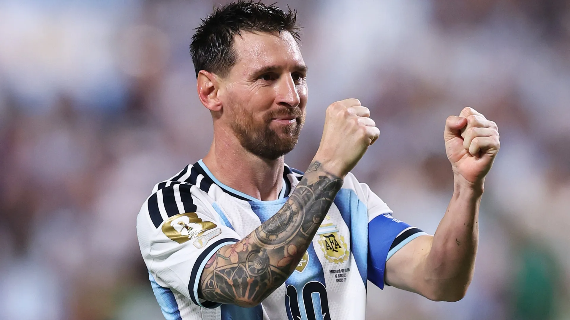 Lionel Messi #10 of Argentina celebrates scoring a hattrick.