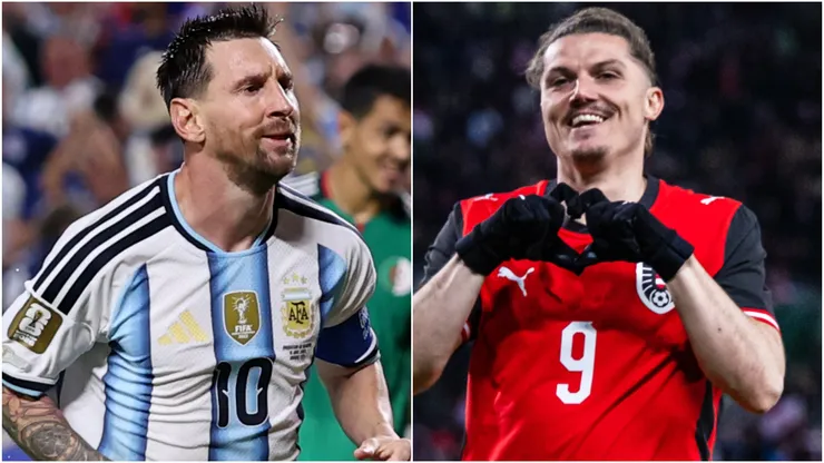 Lionel Messi #10 of Argentina and Marcel Sabitzer of Austria.