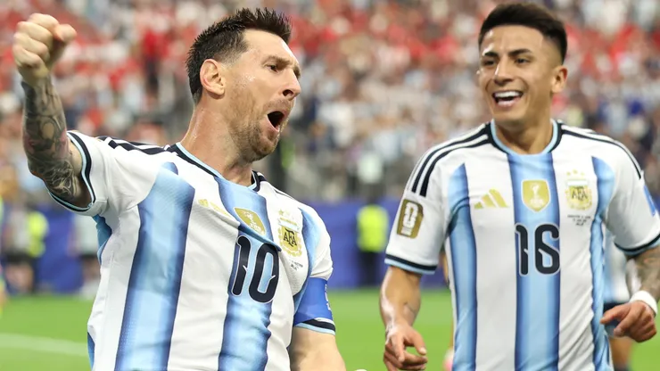 Lionel Messi #10 of Argentina celebrates after scoring a goal.